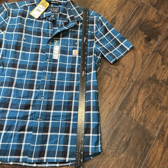 NWT Carhartt Men’s Rugged Flex Relaxed Fit SS Button Down Shirt Blue Plaid Small - Picture 3 of 7